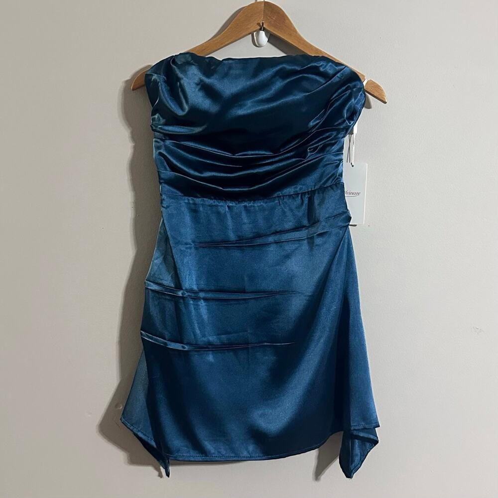 Weinaze NEW Strapless Satin Formal Mini Dress Sz 6 Teal Pleated Detail Event